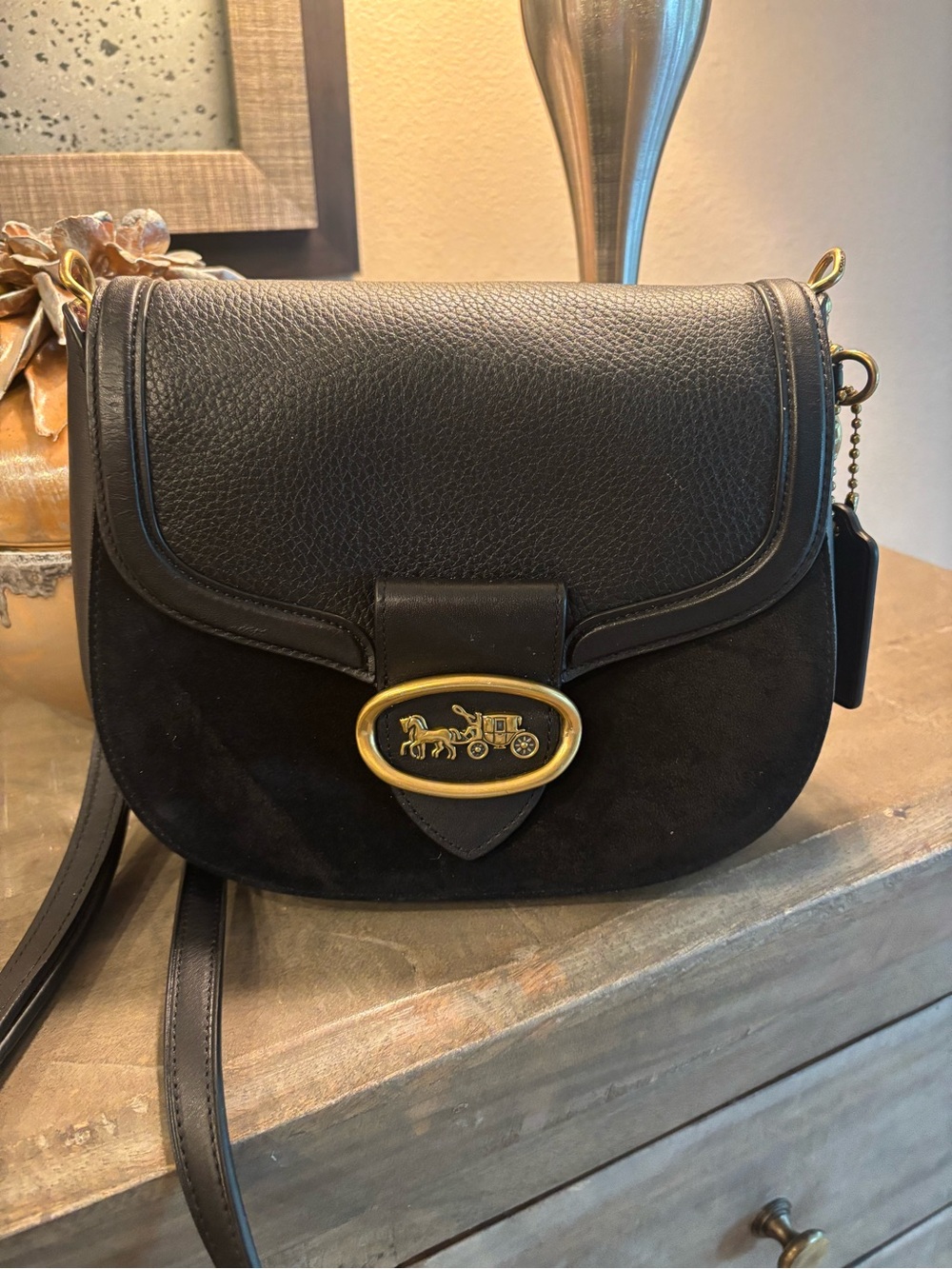 Coach Black Leather and Suede Crossbody with Gold Coach Carriage Accent